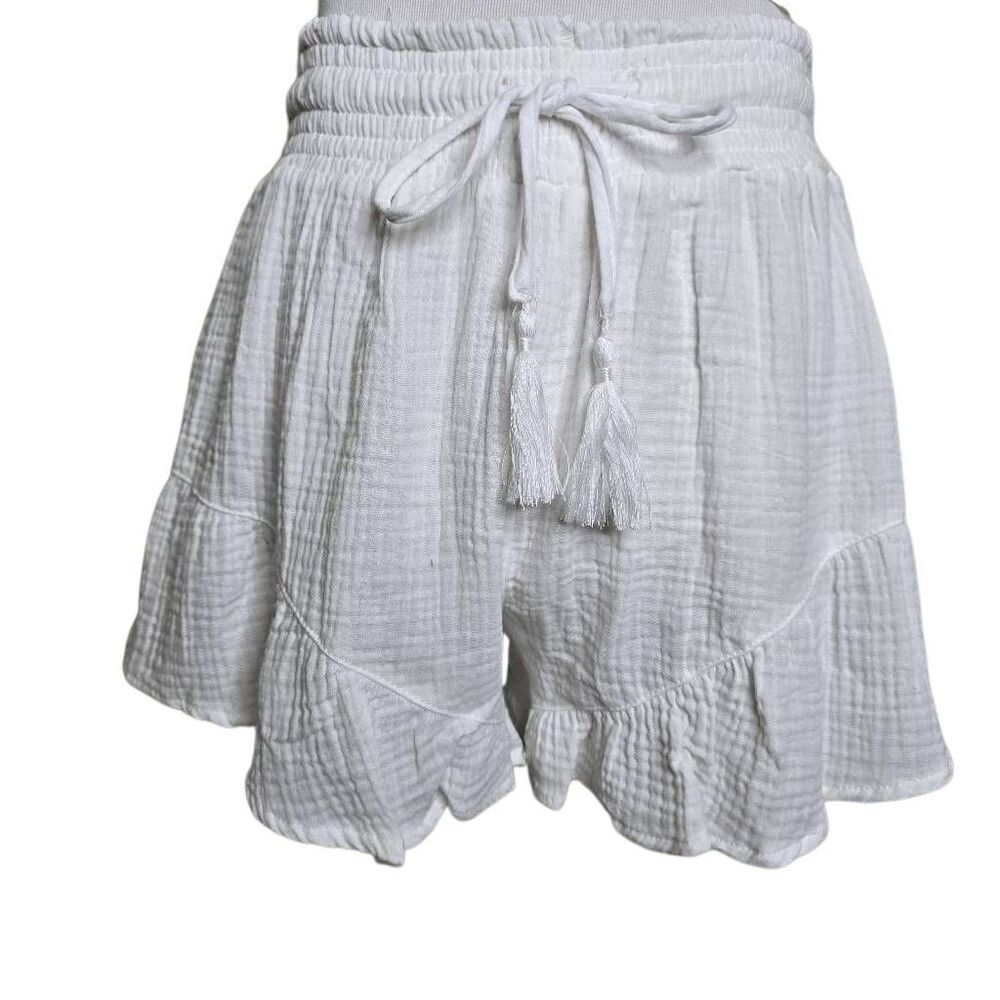 Ocean Drive White Cotton Gauze Ruffle Hem Tassel Swim Cover Up Shorts L